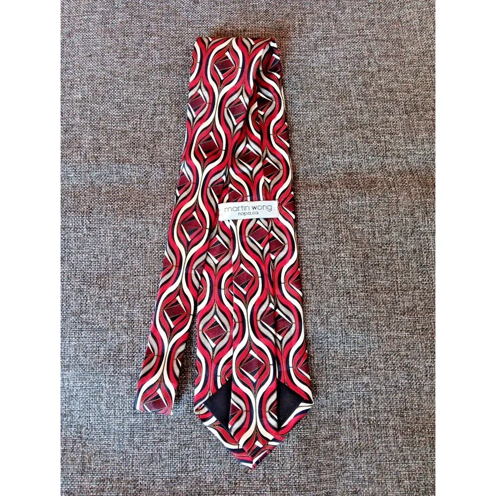 Tie 70s 80s 90s Y2K Mens Martin Wong Silk Red Gray Ivory Black 4 Wide 60 Long
